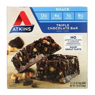 Atkins, Bocadillo, Barra de chocolate triple, 5 barras, 40 g (1,41 oz) cada una