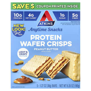 Atkins, Anytime Snacks, Protein Wafer Crisps, Peanut Butter, 5 Bars, 1.27 oz (36 g) Each