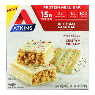 Atkins, 식사 대용 프로틴바, 버스데이 케이크 바, 바 5개, 개당 48g(1.69oz)