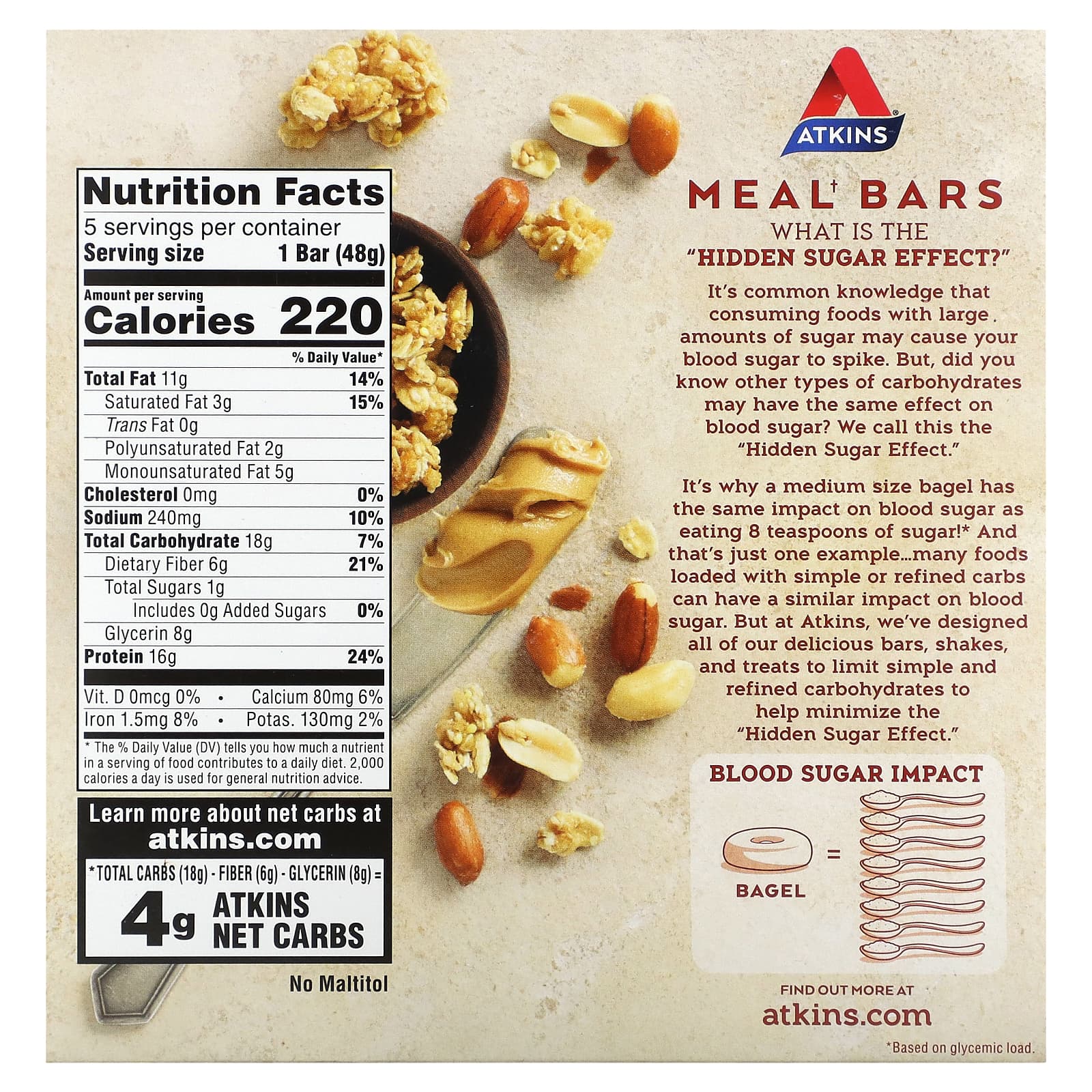 Atkins, Protein Meal Bar, Peanut Butter Granola Bar, 5 Bars, 1.76 oz