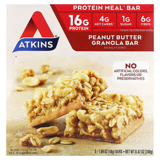 Atkins, Barre protéinée au repas, Barre granola au beurre de cacahuète, 5 barres, 50 g chacune