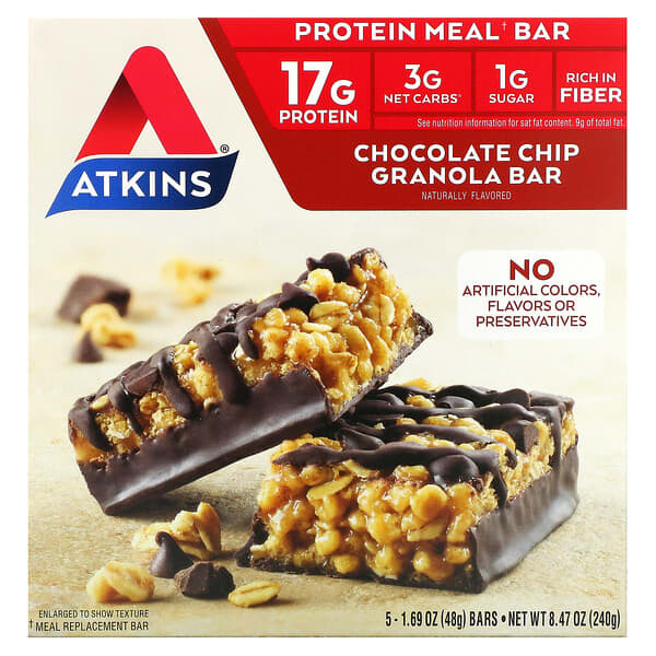 Atkins, チョコレートチップ・グラノーラバー、5本、各1.69 oz (48 g)