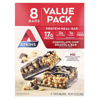 Atkins, Barrita de comida proteica, Granola con chips de chocolate, 8 barritas, 48 g (1,69 oz) cada una