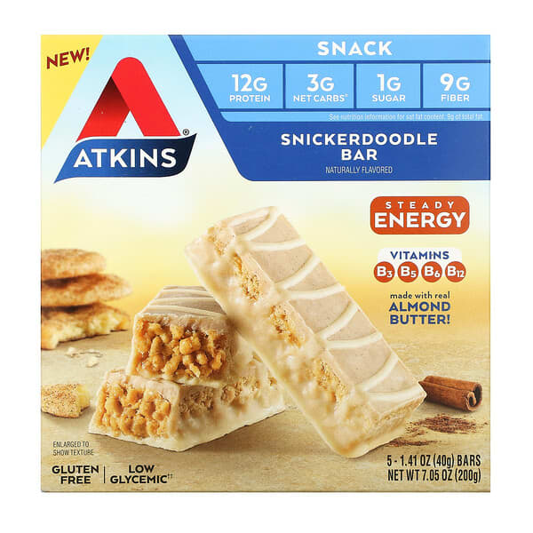 Atkins, Bocadillo, Barrita Snickerdoodle, Sin gluten, 5 barritas, 40 g (1,41 oz) cada una