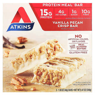 Atkins, Barrita alimenticia rica en proteínas, Vainilla y pacanas crujientes, 5 barritas, 48 g (1,69 oz) cada una