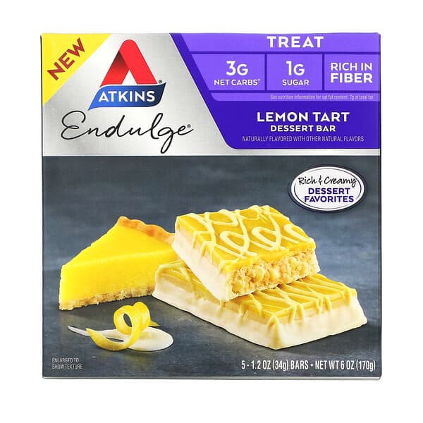 Atkins, Endulge, Lemon Tart, 5 Bars, 1.2 oz (34 g) Each
