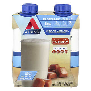 Atkins, Shake Kaya Protein, Karamel Krim, 4 Shake, Masing-Masing 325 ml (11 ons cairan)