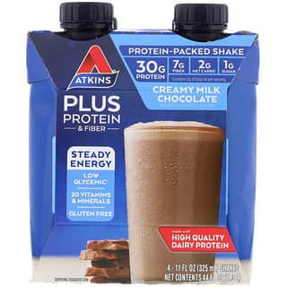 Atkins, Más proteína y fibra, Chocolate con leche cremoso, 4 batidos, 325 ml (11 oz. Líq.) Cada uno