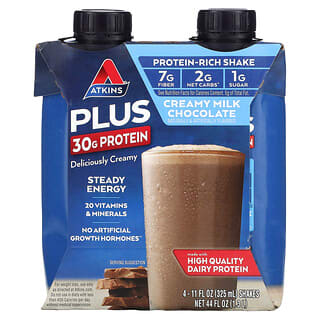 Atkins, Plus, Protéines et fibres alimentaires, Chocolat au lait crémeux, 4 milkshakes, 325 ml pièce