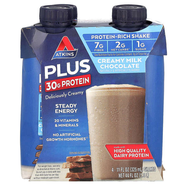 Atkins, Plus Protein-Rich Shake, Creamy Milk Chocolate, 4 Shakes, 11 fl ...