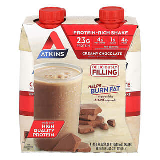 Atkins, Насыщенный протеином коктейль, сливочный шоколад, 4 коктейля, 500 мл (16,9 жидк. Унции)