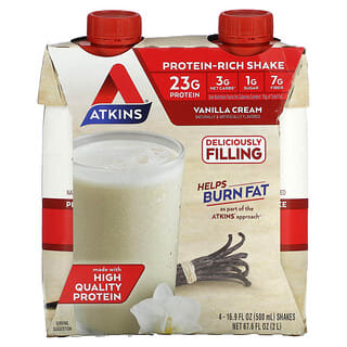Atkins, Batido rico en proteínas, Crema de vainilla, 4 batidos, 500 ml (16,9 oz. Líq.) Cada uno