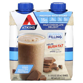 Atkins, Shake Rico em Proteínas, Delícia de Chocolate de Leite, 4 Shakes, 325 ml (11 fl oz) Cada