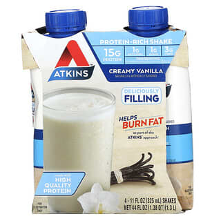 Atkins, Boisson fouettée riche en protéines, Vanille crémeuse, 4 boissons, 325 ml chacune