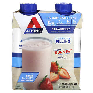 Atkins, Насыщенный протеином коктейль, клубника, 4 коктейля, по 325 мл (11 жидк. Унций)