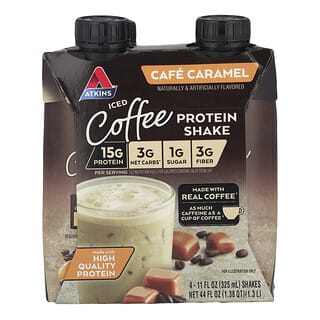 Atkins, Batido de proteína de café helado, Café con caramelo, 4 batidos, 325 ml (11 oz. líq.) cada uno