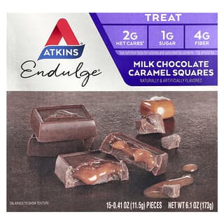 Atkins, Prăcat, pătrate de caramel de ciocolată cu lapte, 15 bucăți, 0,41 oz (11,5 g) fiecare