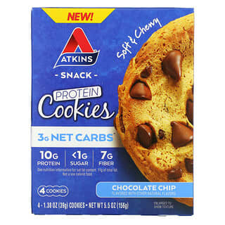 Atkins, Lanche, Cookies de Proteína, Lascas de Chocolate, 4 Cookies, 39 g (1,38 oz) Cada
