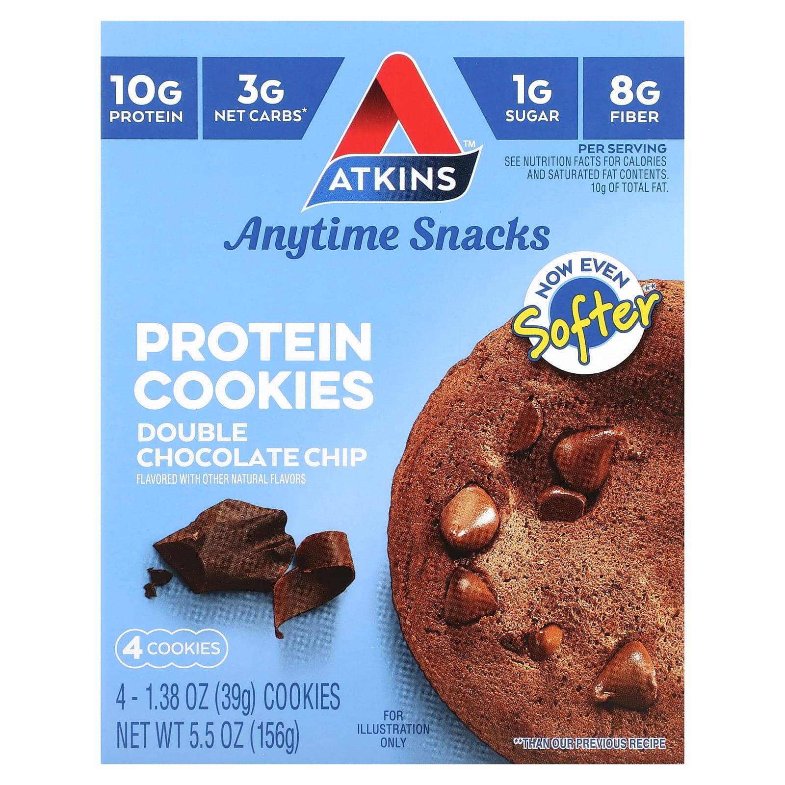 Atkins, スナック、プロテインクッキー、ダブルチョコレートチップ、4個、各39 g（1.38オンス） (販売終了商品)