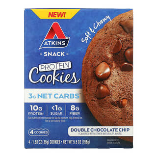 Atkins, 스낵, 단백질 쿠키, 더블 초콜릿칩, 쿠키 4개, 개당 39g(1.38oz)