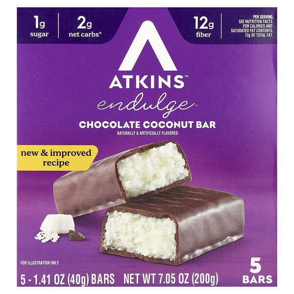 Atkins, Endulge™, шоколадно-кокосовий батончик, 5 батончиків по 40 г (1,41 унції)