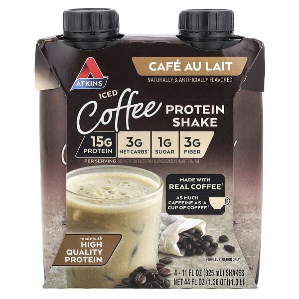 Iced Coffee Protein Shake, Cafe Au Lait, 4 Shakes, 11 fl oz (325 ml) Each