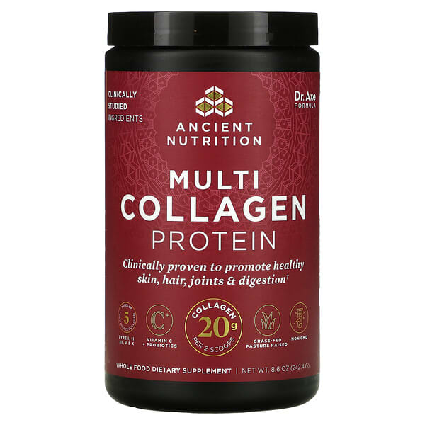 Dr. Axe / Ancient Nutrition, Proteína con múltiples colágenos, sin sabor, 242,4 g (8,6 oz)