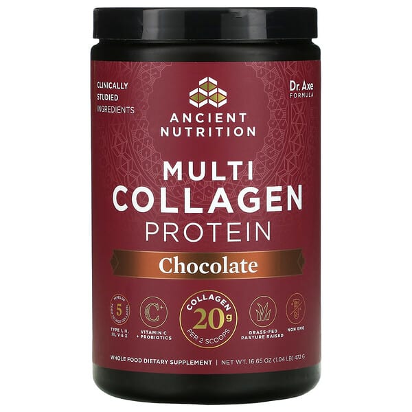Dr. Axe / Ancient Nutrition, Proteína con múltiples tipos de colágeno, Chocolate, 472 g (1,04 lb)