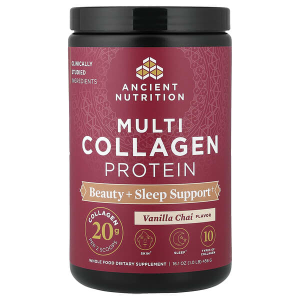 Ancient Nutrition, Multi Collagen Protein, Beauty + Sleep Support, Vanilla Chai, 1 lb (456 g) — product photo 1