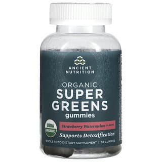 Ancient Nutrition, Organic Super Greens жувальні таблетки, зі смаком полуниці та кавуна, 50 жувальних мармеладок