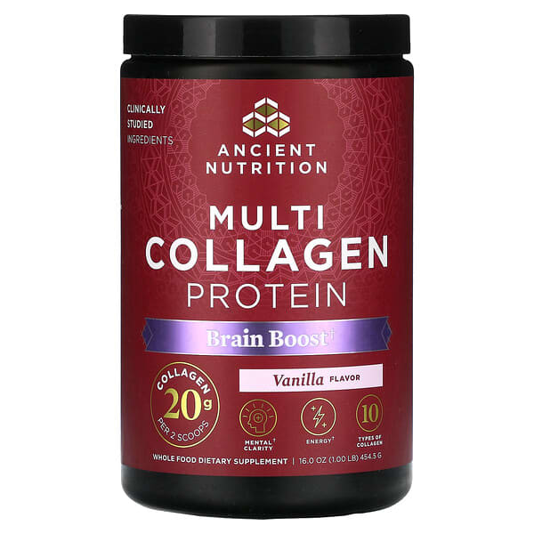 Ancient Nutrition, Multi Collagen Protein, Brain Boost, Vanilla, 1 lb ...