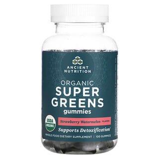 Ancient Nutrition, Organic Super Greens, жевательные таблетки с органической зеленью, со вкусом клубники и арбуза, 100 жевательных таблеток
