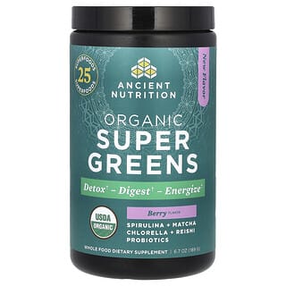 Ancient Nutrition, Organiczny SuperGreens, jagoda, 189 g