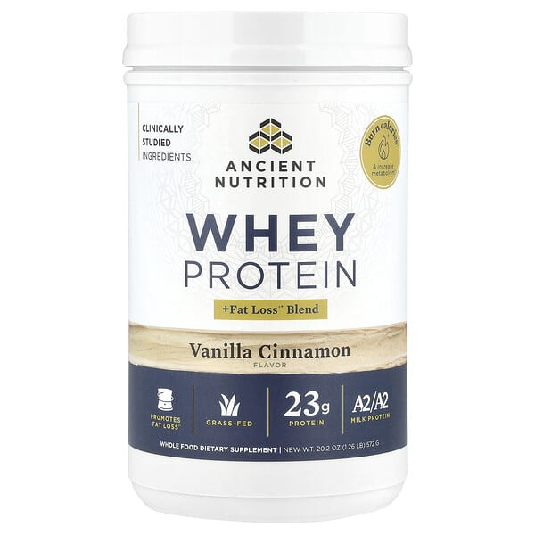 Ancient Nutrition, 유청 단백질 + 지방 감량 혼합물, 바닐라 계피, 572g(1.26lb)
