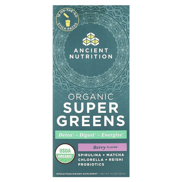 Organic Super Greens, Berry, 16 On-The-Go Stick Packs, 0.3 oz (7.5 g) Each