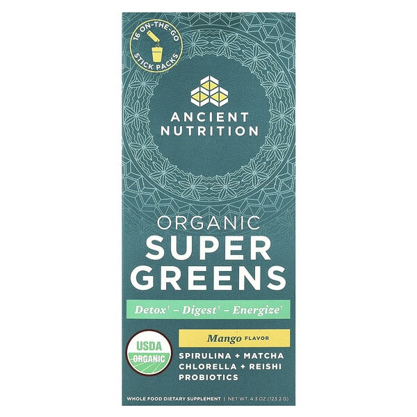 Ancient Nutrition Organic Super Greens, Mango, 16 On-The-Go Stick Packs, 0.3 oz (7.7 g) Each