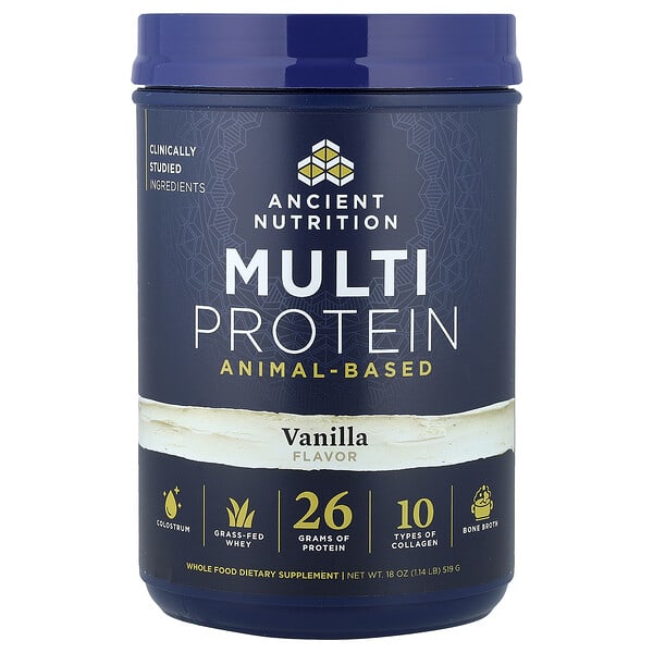 Ancient Nutrition, Multiproteín, živočíšneho pôvodu, vanilkový, 519 g
