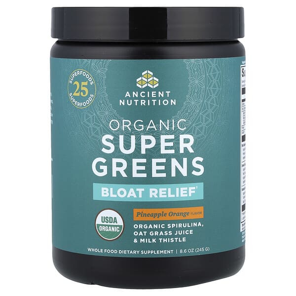 Ancient Nutrition, Organic Super Greens, Bloat Relief, Pineapple Orange, 8.6 oz (245 g) — product photo 1