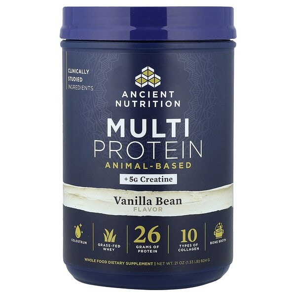 Ancient Nutrition, 종합단백질 + 크레아틴, 동물성 성분, 바닐라빈, 604g(1.33lb)