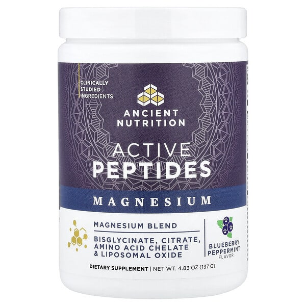Ancient Nutrition, Péptidos activos, Mezcla de magnesio, Arándano azul y menta, 137 g (4,83 oz)