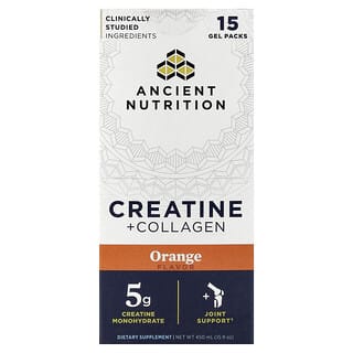 Ancient Nutrition, Creatine + Collagen, Kreatin + Kollagen, Orange, 15 Gelpackungen, je 30 ml (1 fl. oz.).