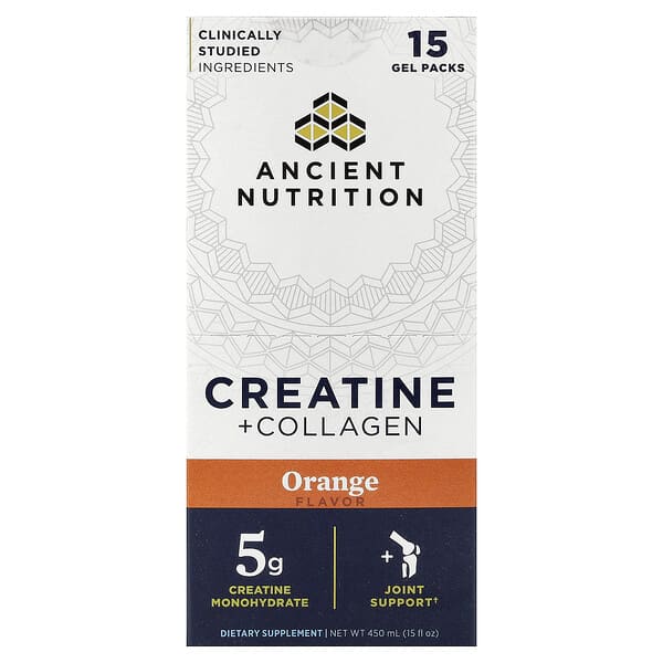 Ancient Nutrition, 크레아틴 + 콜라겐, 오렌지, 젤 팩 15개, 각 30ml(1fl oz)