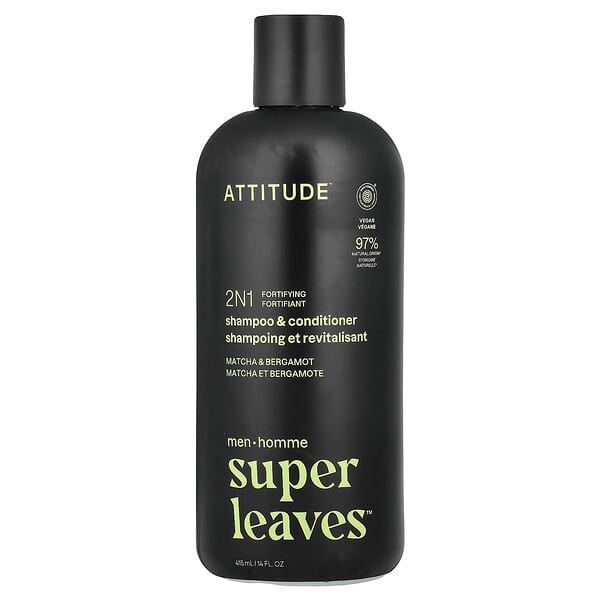 ATTITUDE, Super Leaves™，2 合 1 強化洗髮精護髮素，男士專用，抹茶和弗手柑香，14 液量盎司（415 毫升）