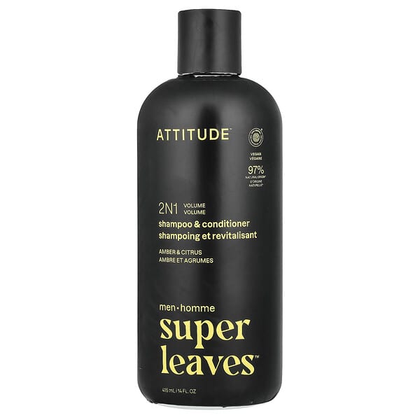 ATTITUDE, Super Leaves™，2 合 1 豐盈洗髮精和護髮素，男士專用，琥珀和柑橘香，14 液量盎司（415 毫升）