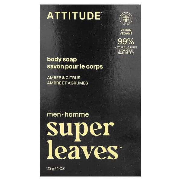 ATTITUDE, Super Leaves™, 바디 바 비누, 남성용, 앰버 및 시트러스, 113g(4oz)