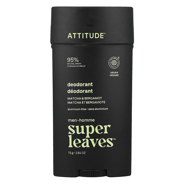 ATTITUDE, Super Leaves™, 알루미늄 무함유 데오드란트, 남성용, 말차 & 베르가모트, 75g(2.64oz)
