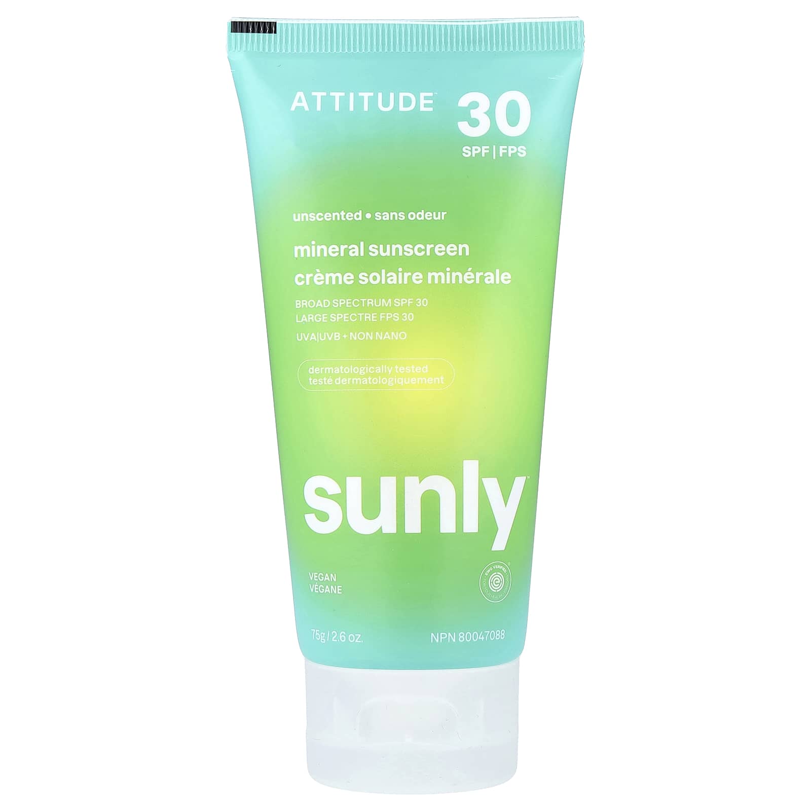 ATTITUDE, Sunly, солнцезащитное средство на минеральной основе, SPF 30, без запаха, 75 г (2,6 унции)