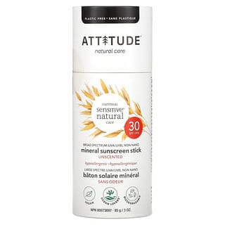ATTITUDE, Oatmeal Sensitive Natural Care, Mineral Sunscreen Stick, SPF 30, Unscented, 3 oz (85 g)