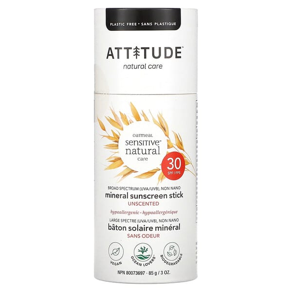 ATTITUDE‏, Oatmeal Sensitive Natural Care, Mineral Sunscreen Stick, SPF 30, Unscented, 3 oz (85 g)