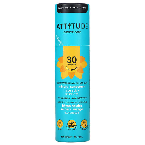 ATTITUDE‏, Kids, Mineral Sunscreen Face Stick, SPF 30, Unscented, 1 oz (30 g)